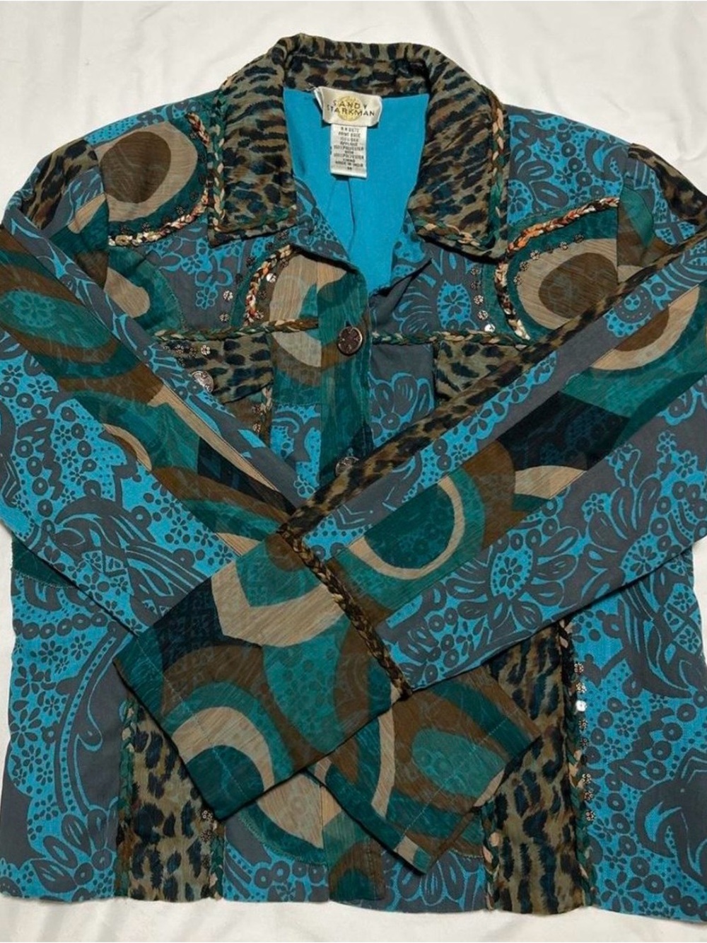 Teal & Brown Mixed Print Button-Up Jacket